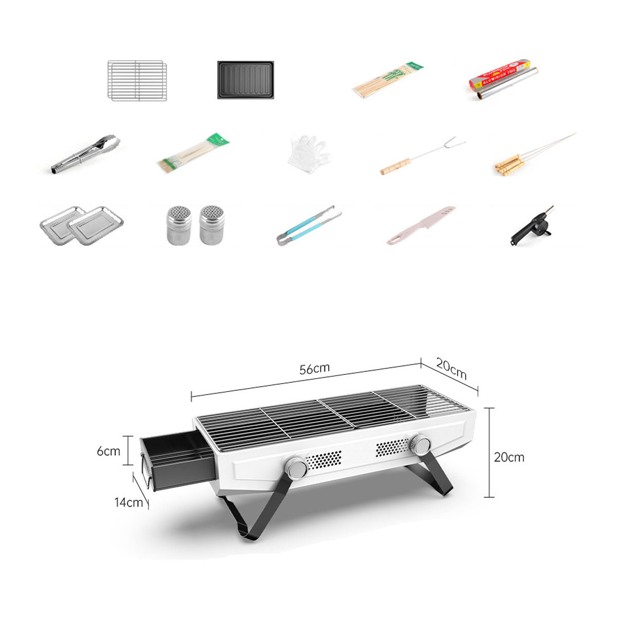 Open portable stainless steel BBQ grill, highlighting sturdy design