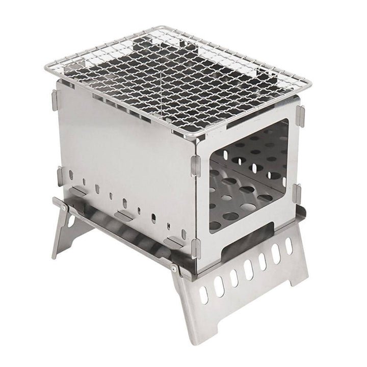 Foldable camping BBQ grill and wood stove, perfect for outdoor adventures and cooking food with wood.