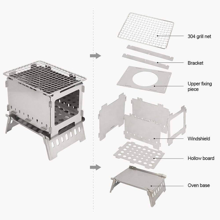Camping wood burning stove & portable grill, black stainless steel for rugged outdoor cookware.