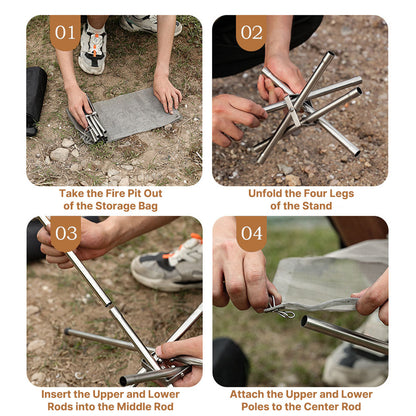 Compact and robust stainless steel fire pit for camping, complete with a functional grill rack.