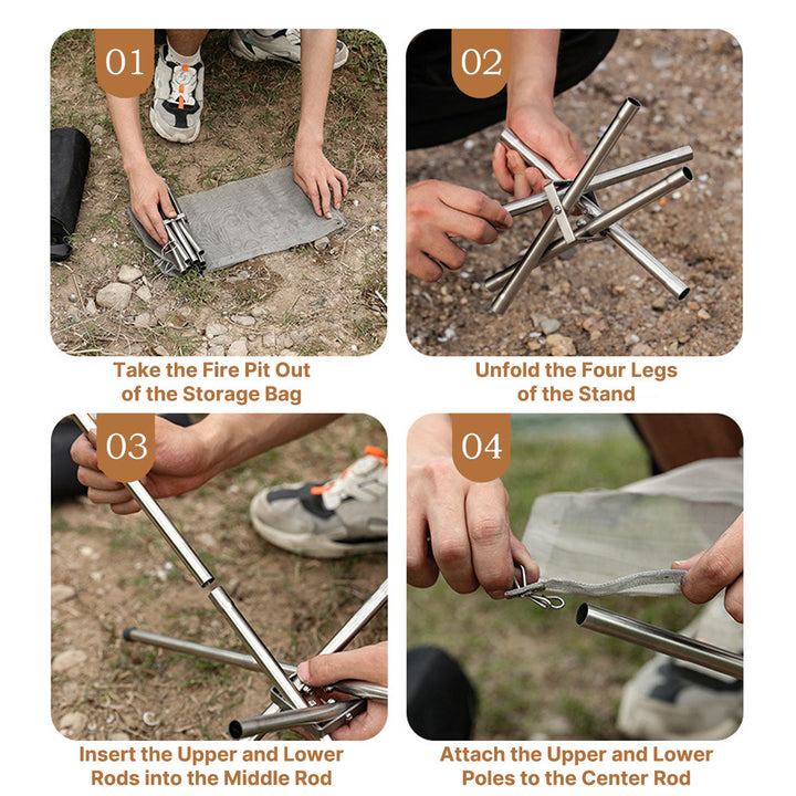 Compact and robust stainless steel fire pit for camping, complete with a functional grill rack.