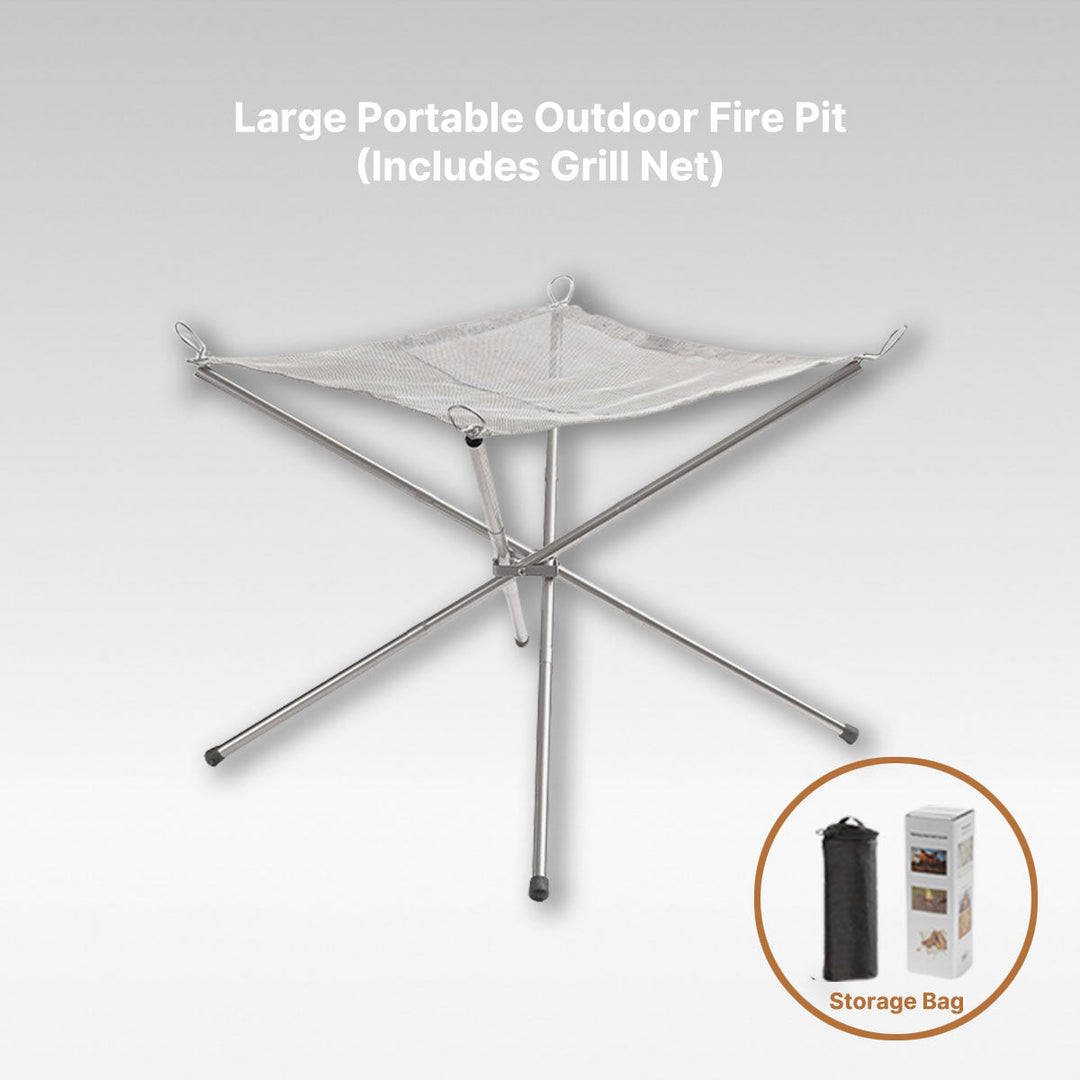 Camping essentials: stainless steel portable fire pit with grill rack for delicious campfire food.