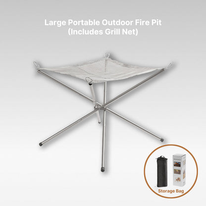 Camping essentials: stainless steel portable fire pit with grill rack for delicious campfire food.