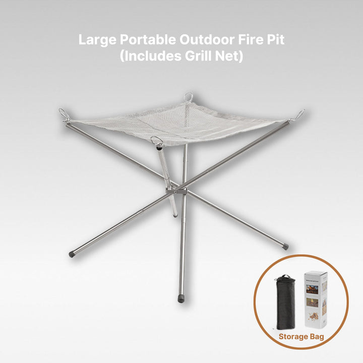 Camping essentials: stainless steel portable fire pit with grill rack for delicious campfire food.
