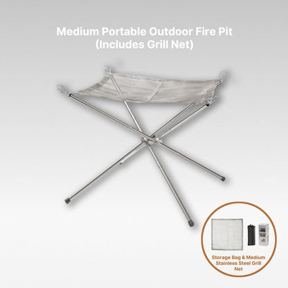 Durable stainless steel portable fire pit, designed for easy transport and outdoor grilling.