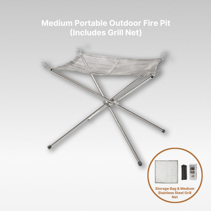 Durable stainless steel portable fire pit, designed for easy transport and outdoor grilling.