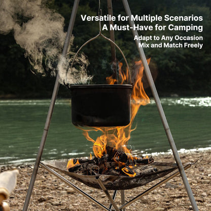 Rust-resistant stainless steel portable fire pit with integrated grill, great for camping meals.