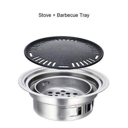 Stainless steel portable outdoor charcoal BBQ grill, perfect for camping, picnics and backyard grilling.