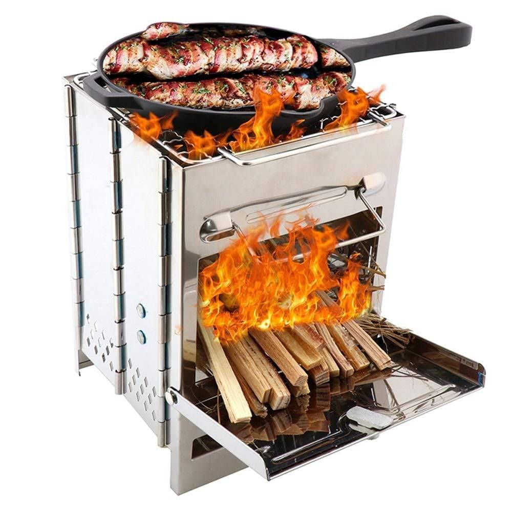 Compact stainless steel folding camp stove with grill, perfect for survival and outdoor kitchen use.