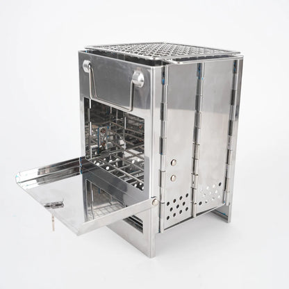 Folding stainless steel multi-fuel camping stove, an essential for outdoor adventures