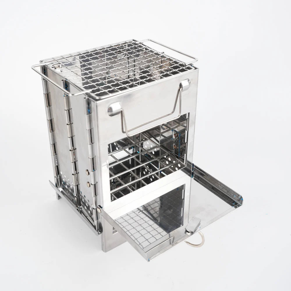 Wood burning portable camping stove made of stainless steel, a multi-fuel outdoor cooking solution