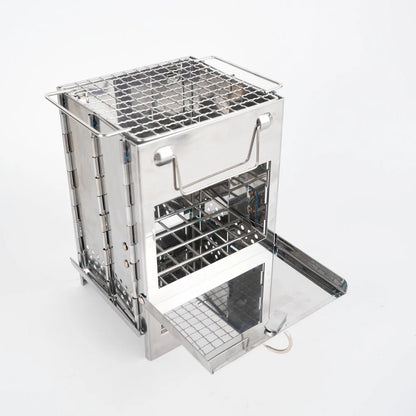 Wood burning portable camping stove made of stainless steel, a multi-fuel outdoor cooking solution