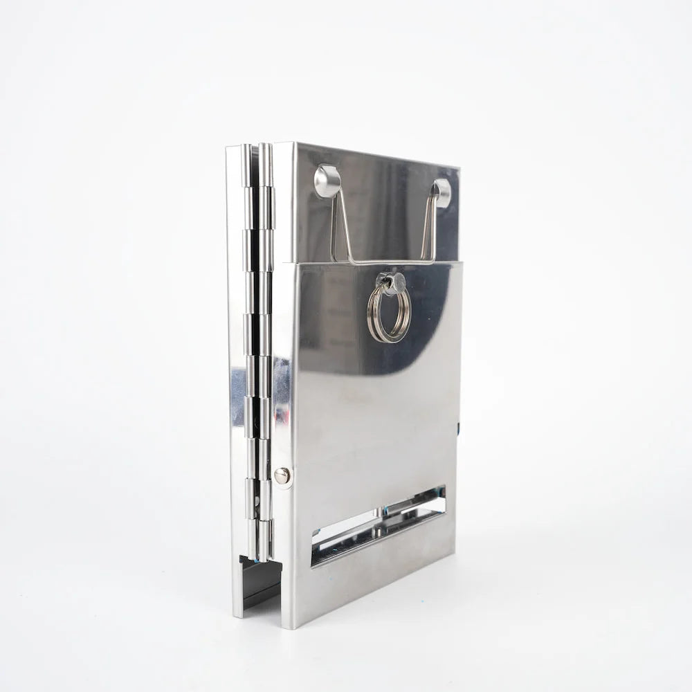Ultra-portable stainless steel camping stove, designed for wood burning and multi-fuel use outdoors