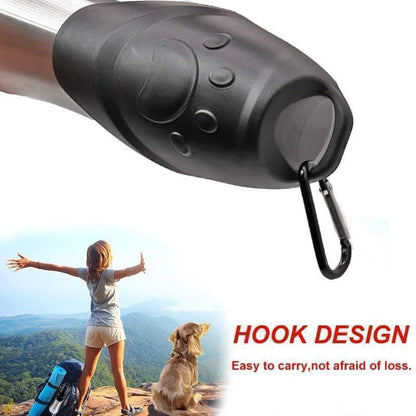 Close-up of a portable stainless steel pet bottle, essential outdoor gear for dogs.