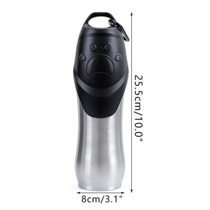 Outdoor pet water bottle, stainless steel and portable, with loop for easy carrying during travel.