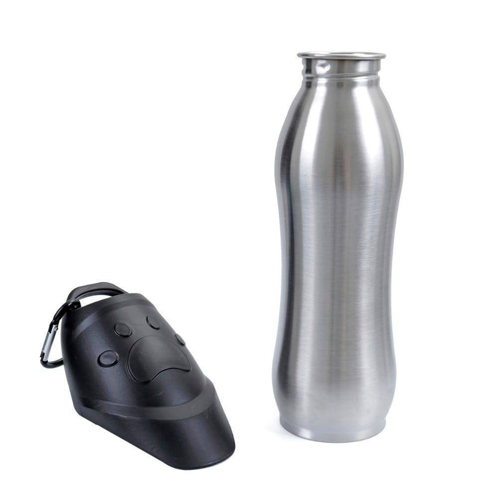 Collapsible bowl attached to a portable stainless steel dog water bottle for convenient outdoor feeding.