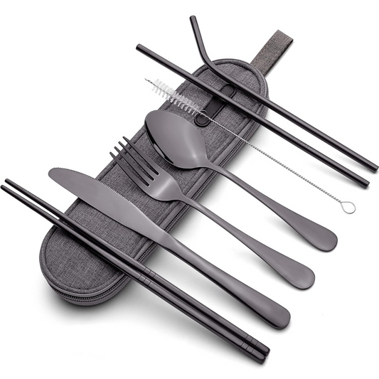 Portable stainless steel travel cutlery set for on-the-go meals, reusable & eco-friendly.