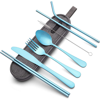 Eco-conscious reusable cutlery set in a portable travel case for on-the-go use.