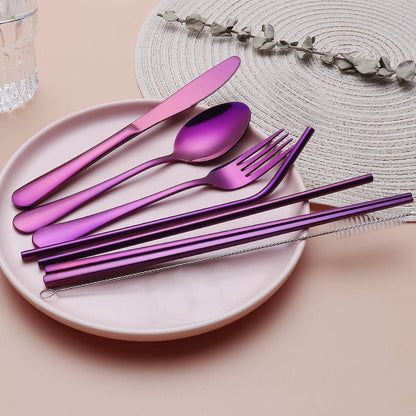 Stainless steel portable eating kit for camping and outdoor adventures.