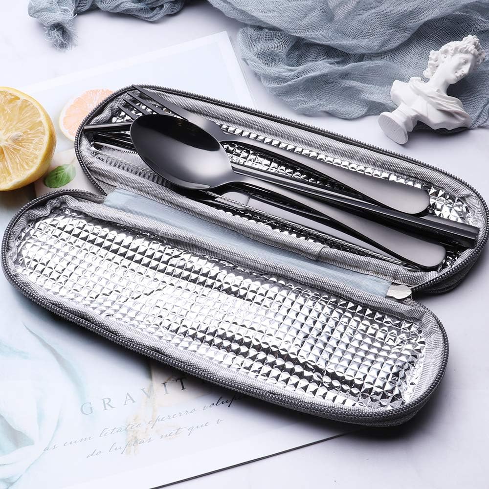 Compact travel cutlery with fork, spoon, knife for sustainable meals on the go.