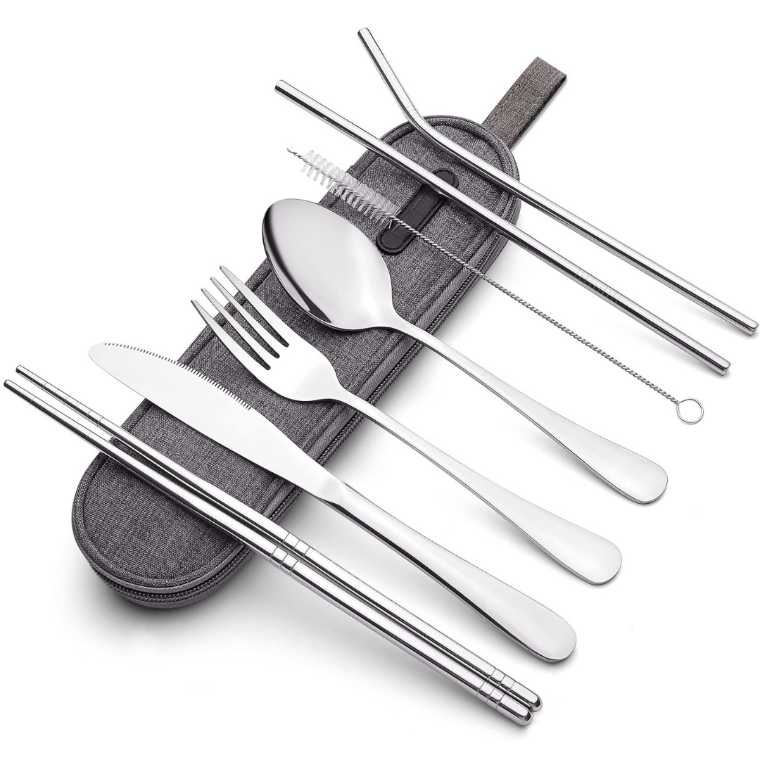 Unisex travel utensil set made of stainless steel, perfect for camping & picnics.