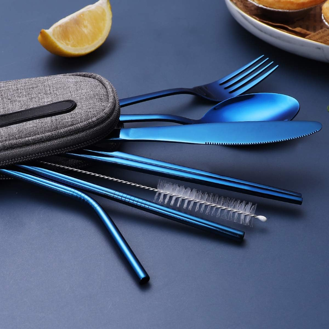 Reusable stainless steel eating utensils for a greener lifestyle.