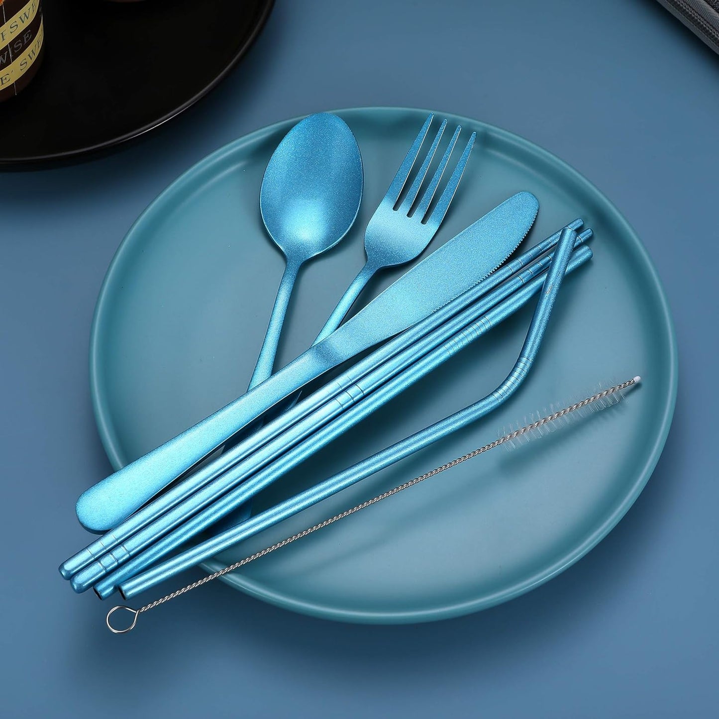 Eco-friendly travel cutlery set with fork, spoon, knife for sustainable eating.
