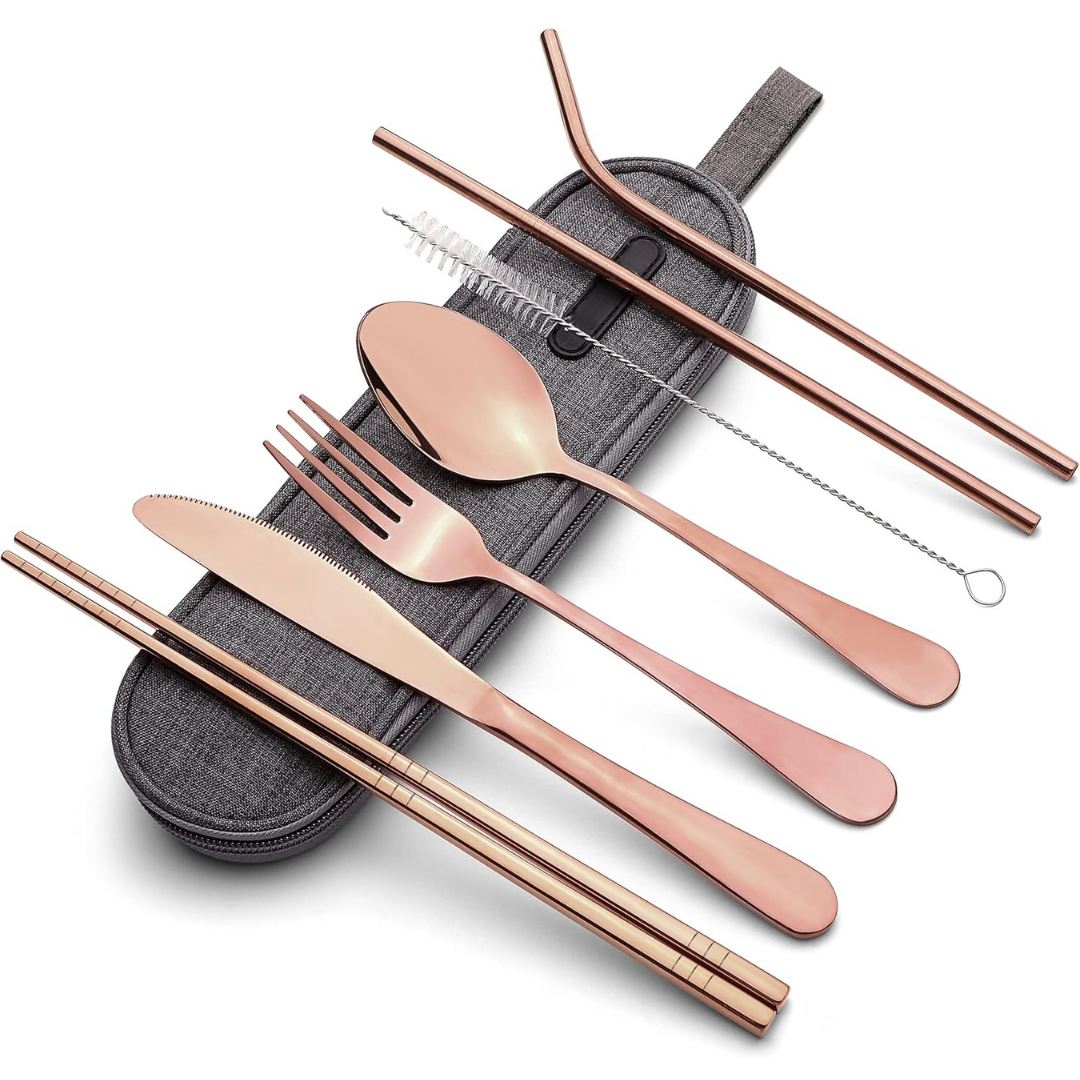Compact stainless steel cutlery set for travel, includes fork, spoon, knife for lunch.