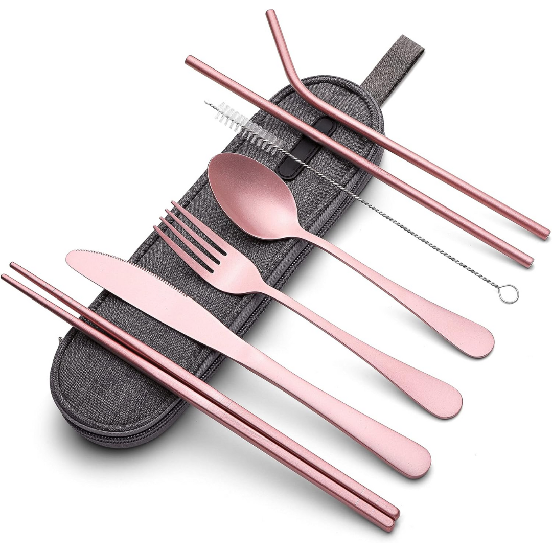 Durable stainless steel travel flatware set for camping, hiking, and daily use.