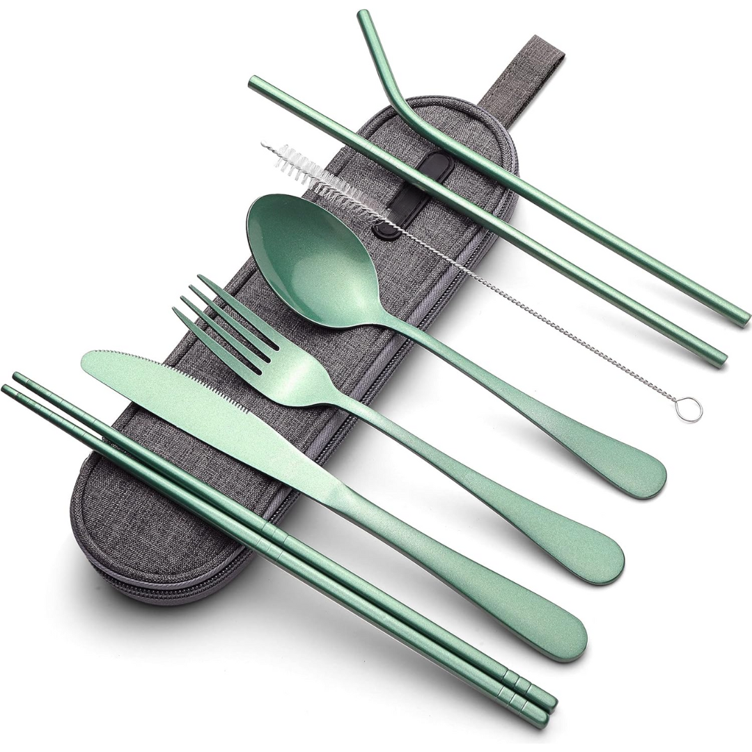 Stainless steel portable dinnerware set for picnics, office, and zero-waste eating.