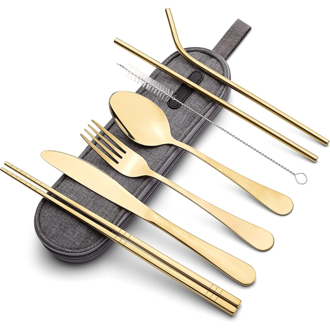 Compact travel cutlery kit with spoon, fork, knife, great for backpackers.