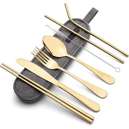 Compact travel cutlery kit with spoon, fork, knife, great for backpackers.
