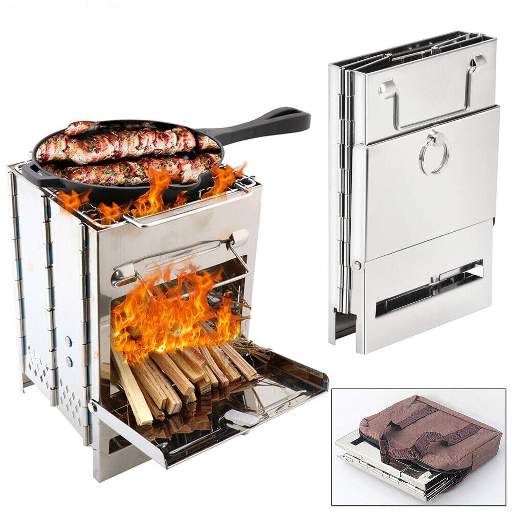 Portable stainless steel wood burning camping stove, ideal for outdoor cooking and backpacking trips