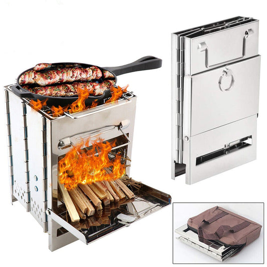 Portable stainless steel wood burning camping stove, ideal for outdoor cooking and backpacking trips