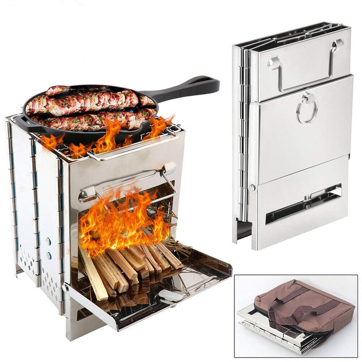 Portable stainless steel wood burning camping stove, ideal for outdoor cooking and backpacking trips