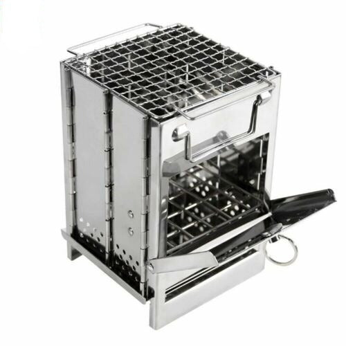 Folding stainless steel BBQ stove, a portable wood burning camping grill for picnic and hiking