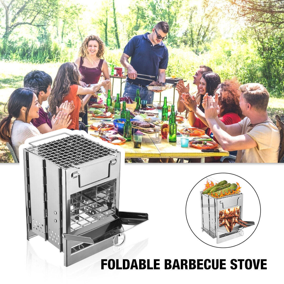 Compact wood burning camping stove, stainless steel design for portable outdoor cooking and grilling