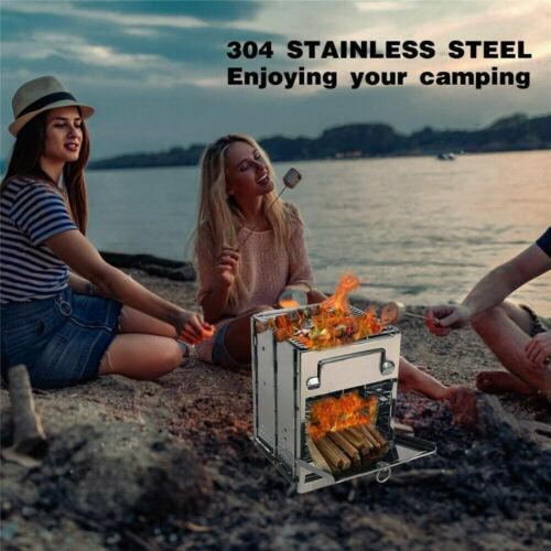 Folding camping wood stove, crafted from stainless steel for durable and portable outdoor grilling