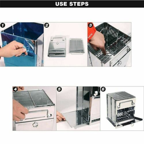 Compact stainless steel portable BBQ stove, perfect for wood burning and outdoor cooking adventures