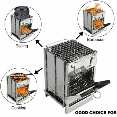 Wood burning camping stove with folding design, excellent for picnics, backpacking, and survival