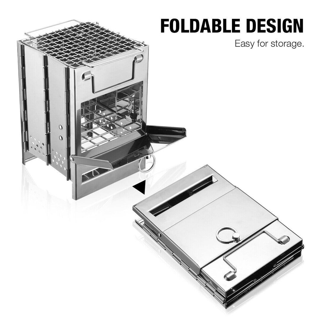 Stainless steel camping stove for outdoor cooking, features a portable and wood burning design