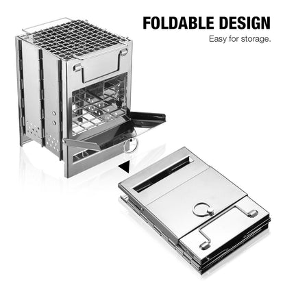 Stainless steel camping stove for outdoor cooking, features a portable and wood burning design
