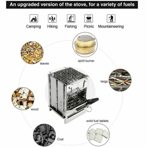 Backpacking camping stove made of stainless steel, a folding wood burning grill for outdoor adventures