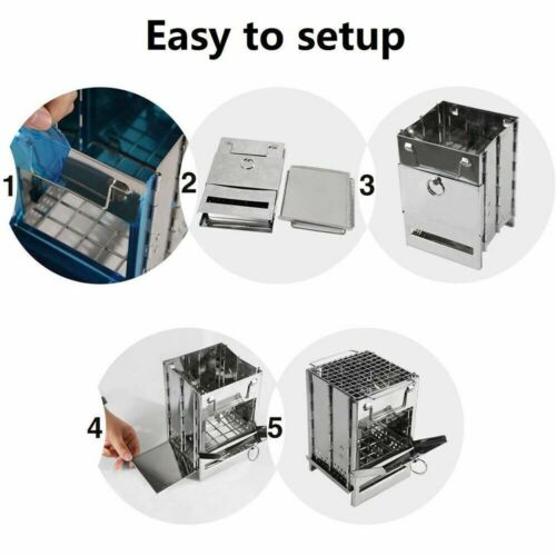 Outdoor cooking wood stove in stainless steel, portable and folding for easy transport and use