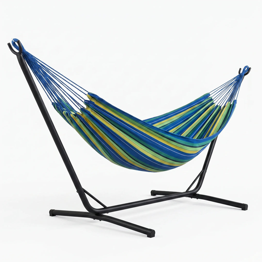 Striped canvas travel hammock. Ideal portable outdoor furniture for camping, garden, and backyard relaxation.