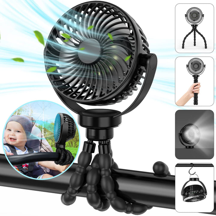Rechargeable USB stroller fan with strong clip, flexible tripod & LED light for versatile cooling.