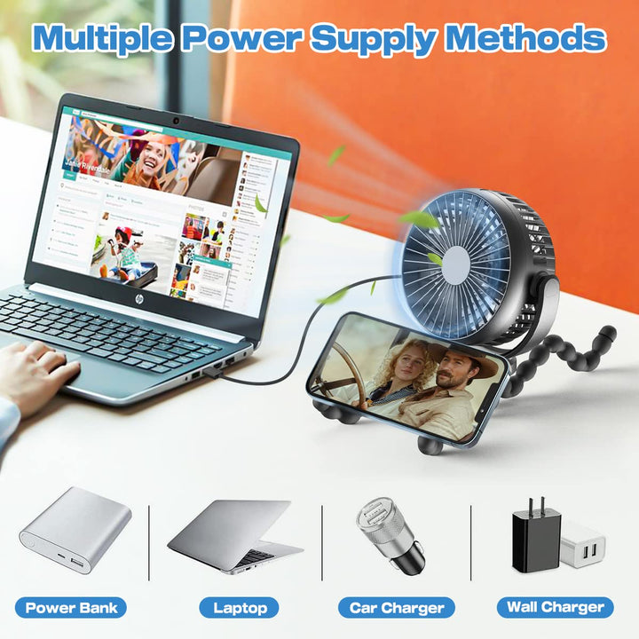 Travel-friendly portable fan for strollers, car seats, and outdoor use. 8000mAh battery.