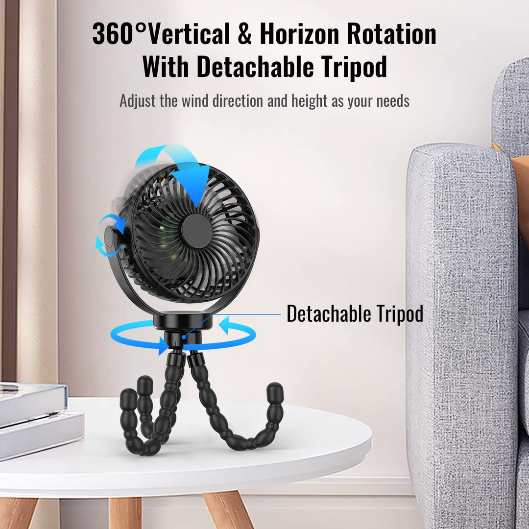 USB rechargeable stroller fan with 8000mAh battery, LED light, and flexible tripod for all needs.