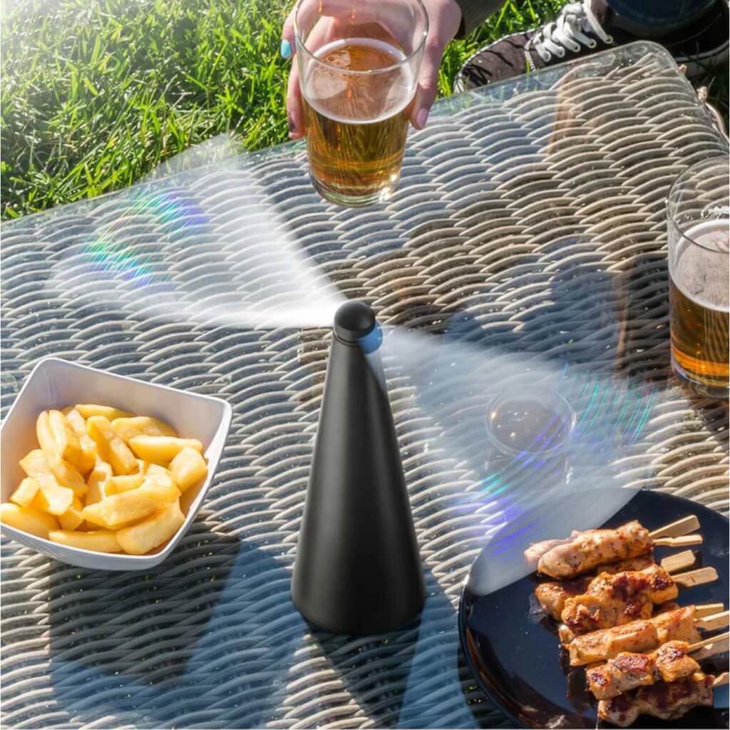 Portable tabletop fly repellent fan, black, for outdoor dining & picnics, battery-operated pest control