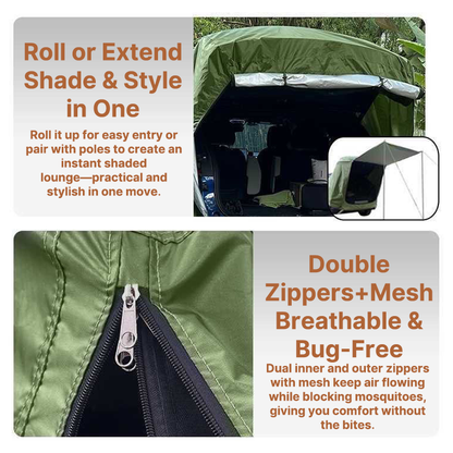 Waterproof SUV awning tent, easily attaches to vehicle for camping trips.